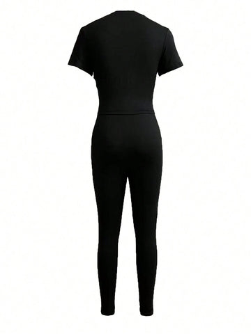 Women's Face Print Short Sleeve Round Neck T-Shirt And Pants Two Piece Set