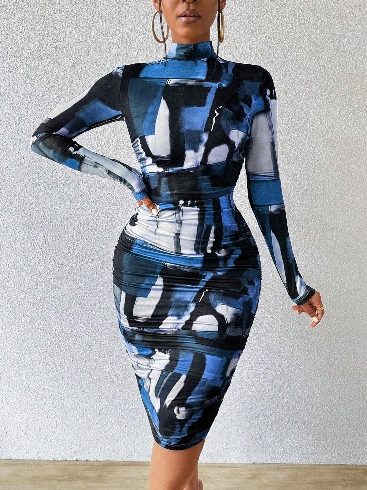 Women's Fashion All-Over Print Stand Collar Fitted Ruched Short Dress