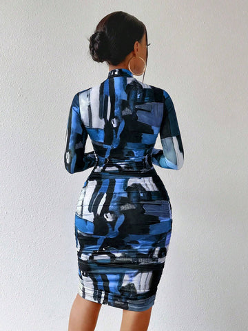 Women's Fashion All-Over Print Stand Collar Fitted Ruched Short Dress