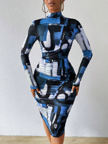 Women's Fashion All-Over Print Stand Collar Fitted Ruched Short Dress