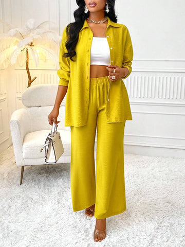 Women's Fashion Solid Color Long Sleeve Shirt And Pants Two Piece Set