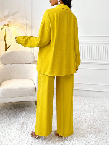 Women's Fashion Solid Color Long Sleeve Shirt And Pants Two Piece Set