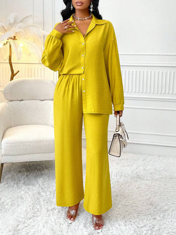 Women's Fashion Solid Color Long Sleeve Shirt And Pants Two Piece Set