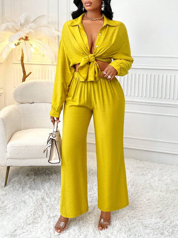 Women's Fashion Solid Color Long Sleeve Shirt And Pants Two Piece Set