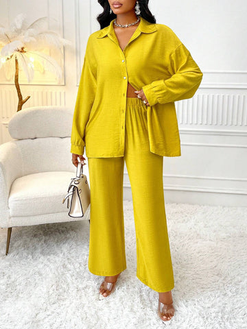 Women's Fashion Solid Color Long Sleeve Shirt And Pants Two Piece Set