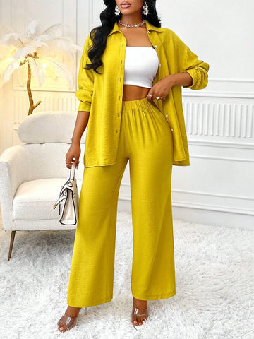Women's Fashion Solid Color Long Sleeve Shirt And Pants Two Piece Set