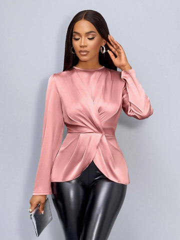 Slayr Women's Fashionable Commuting Solid Color Lantern Sleeve Ruched Blouse