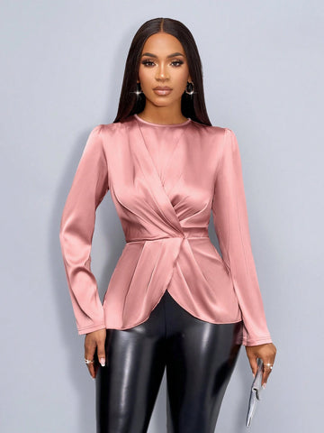 Slayr Women's Fashionable Commuting Solid Color Lantern Sleeve Ruched Blouse