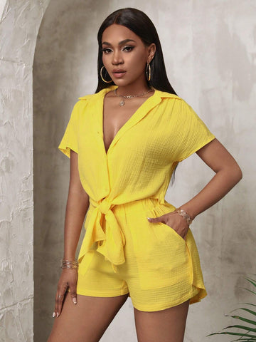Women's Fashionable Solid Color Double-Layered Texture Short Sleeve Top And Shorts Set