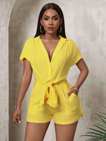Women's Fashionable Solid Color Double-Layered Texture Short Sleeve Top And Shorts Set