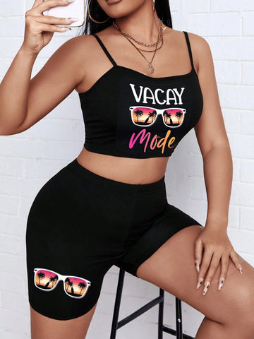 Women's Fashionable Summer Vacation Style Short Cami Top And Shorts 2pcs/Set