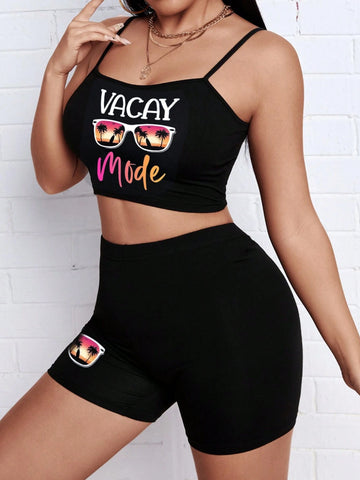 Women's Fashionable Summer Vacation Style Short Cami Top And Shorts 2pcs/Set