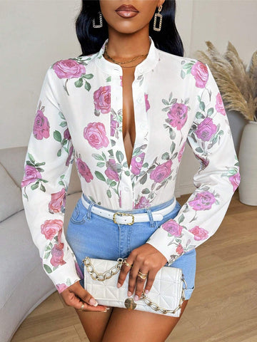 Slayr Women's Floral Print Front Button Long Sleeve Blouse