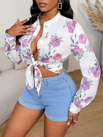 Slayr Women's Floral Print Front Button Long Sleeve Blouse