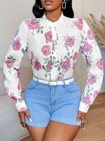 Slayr Women's Floral Print Front Button Long Sleeve Blouse
