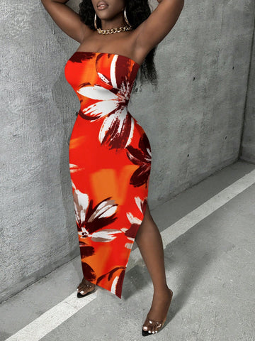Women's Floral Print Side Slit Strapless Dress