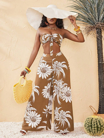 Women's Floral Printed Crop Top And Wide-Leg Pants Set