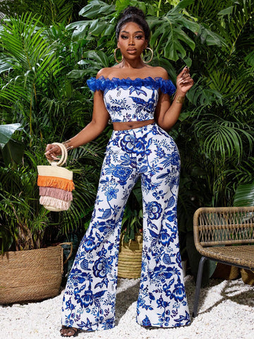 Women's Floral Printed Ruffle Off Shoulder Top And Long Pants, 2pcs/Set, Summer Holiday Style