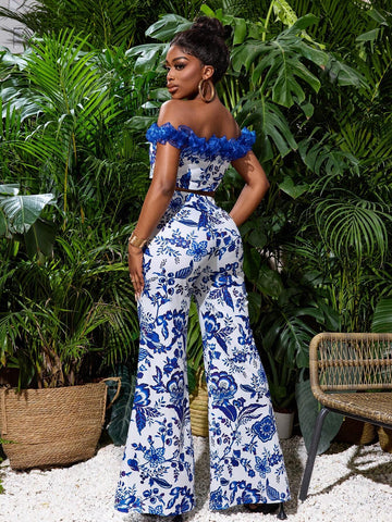 Women's Floral Printed Ruffle Off Shoulder Top And Long Pants, 2pcs/Set, Summer Holiday Style
