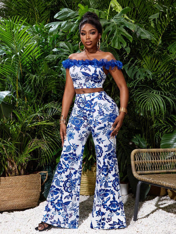 Women's Floral Printed Ruffle Off Shoulder Top And Long Pants, 2pcs/Set, Summer Holiday Style