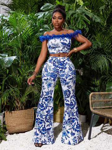 Women's Floral Printed Ruffle Off Shoulder Top And Long Pants, 2pcs/Set, Summer Holiday Style