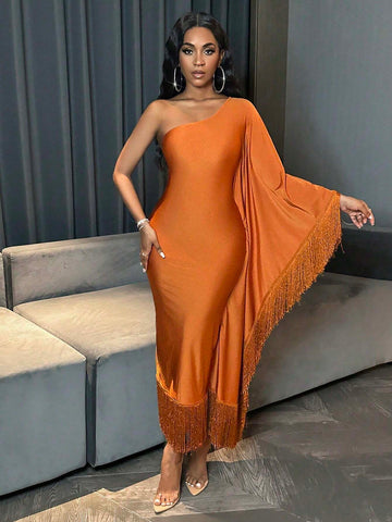 Women's Fringed Asymmetric Collar Bat Sleeve Dress