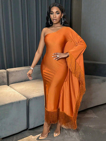 Women's Fringed Asymmetric Collar Bat Sleeve Dress