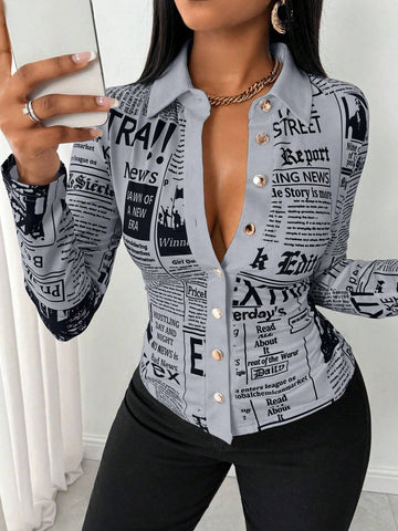 Slayr Women's Front Button Long Sleeve Letter Print Simple Casual Shirt