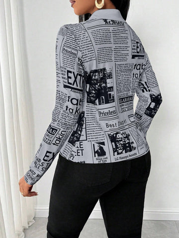 Slayr Women's Front Button Long Sleeve Letter Print Simple Casual Shirt
