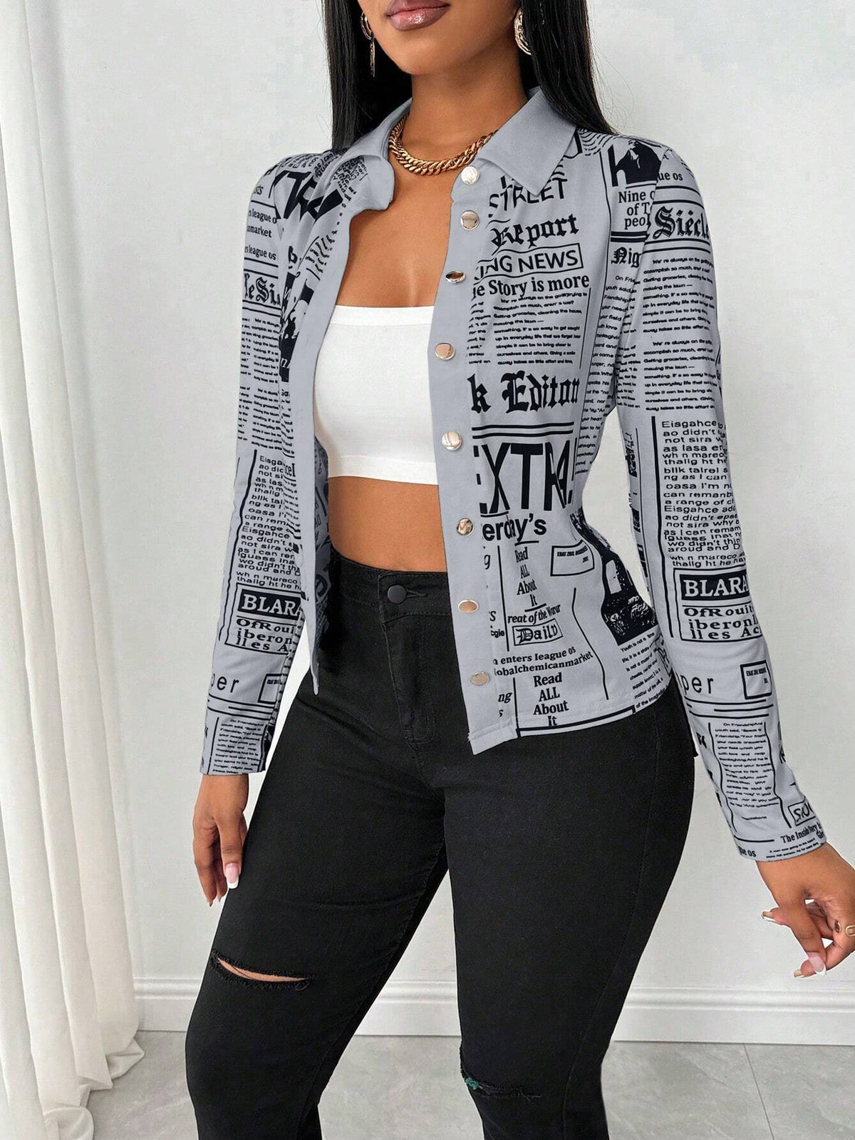 Slayr Women's Front Button Long Sleeve Letter Print Simple Casual Shirt