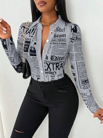 Slayr Women's Front Button Long Sleeve Letter Print Simple Casual Shirt