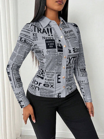 Slayr Women's Front Button Long Sleeve Letter Print Simple Casual Shirt
