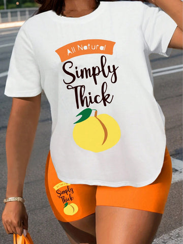 Women's Fruit & Letter Printed Short Sleeve T-Shirt And Shorts Set