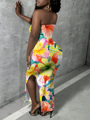 Women's Full Printed Floral Strapless High Slit Dress