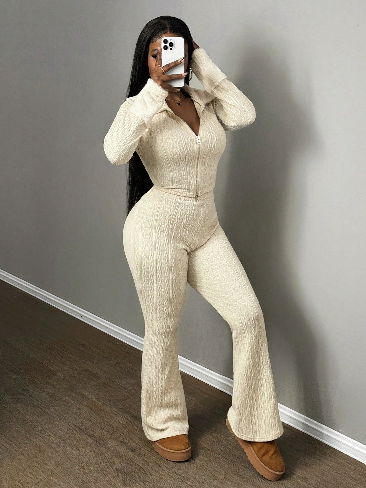 Women's Fuzzy Collar & Cuff Patchwork Casual Cardigan, Suitable For Christmas, New Year, Valentine's Day, Dates And Everyday Wear, Winter