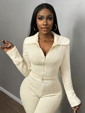 Women's Fuzzy Collar & Cuff Patchwork Casual Cardigan, Suitable For Christmas, New Year, Valentine's Day, Dates And Everyday Wear, Winter