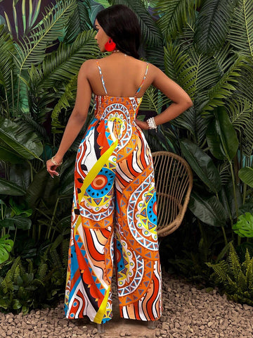 Women's Geo Print Tie Front Wide Leg Cami Jumpsuit(Random Floral Pattern)