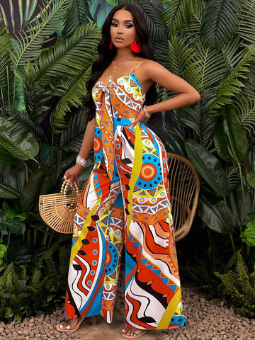 Women's Geo Print Tie Front Wide Leg Cami Jumpsuit(Random Floral Pattern)