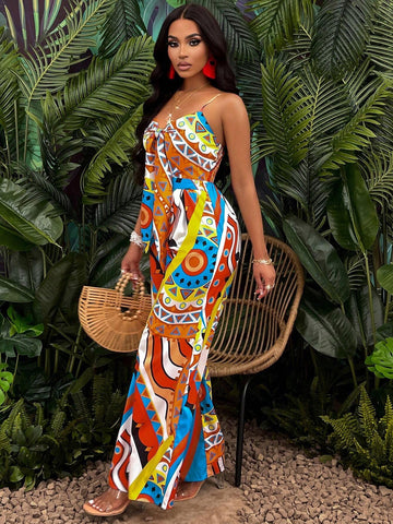 Women's Geo Print Tie Front Wide Leg Cami Jumpsuit(Random Floral Pattern)