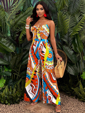 Women's Geo Print Tie Front Wide Leg Cami Jumpsuit(Random Floral Pattern)