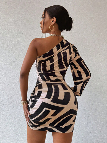 Women's Geometric Print One Shoulder Lantern Sleeve Dress