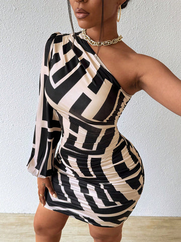 Women's Geometric Print One Shoulder Lantern Sleeve Dress
