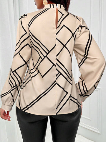 Slayr Women's Geometric Print Stand Collar Long Sleeve Elegant Blouse (Print Random)