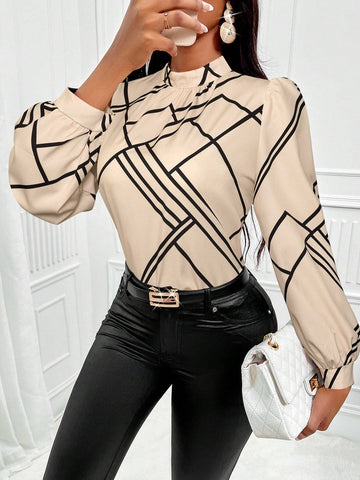 Slayr Women's Geometric Print Stand Collar Long Sleeve Elegant Blouse (Print Random)