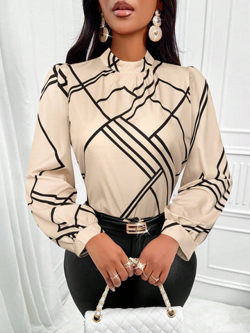 Slayr Women's Geometric Print Stand Collar Long Sleeve Elegant Blouse (Print Random)