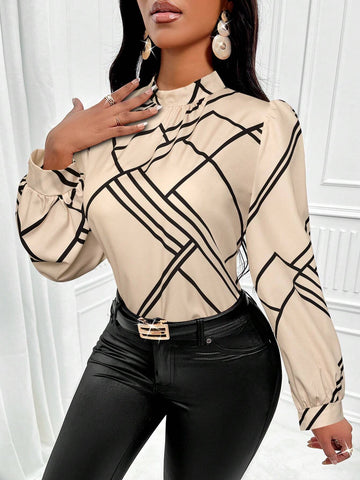 Slayr Women's Geometric Print Stand Collar Long Sleeve Elegant Blouse (Print Random)