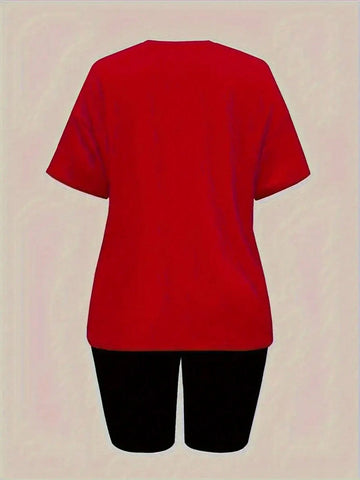 Women's Heart Print Round Neck Short Sleeve Top And Shorts Casual 2pcs/Set, Summer