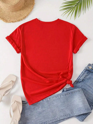 Women's Heart Print Round Neck Short Sleeve Top And Shorts Casual 2pcs/Set, Summer