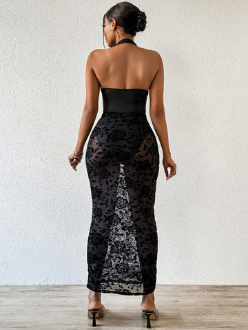 Women's Hollow Out Halter Jumpsuit And Velvet Mesh Pleated Skirt Two-Piece Set