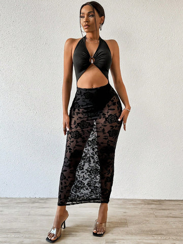 Women's Hollow Out Halter Jumpsuit And Velvet Mesh Pleated Skirt Two-Piece Set